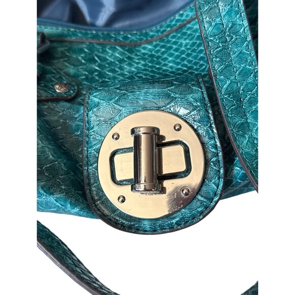 Teal Faux Snake Skin Handbag With Polished Silver Hardware & Dual Top Handles - Picture 11 of 12